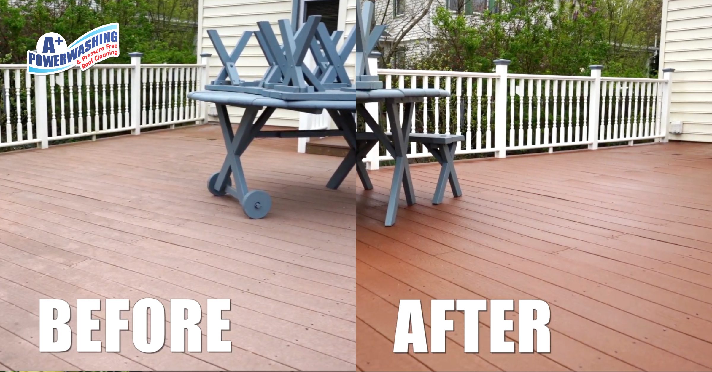 before and after image of power washed deck by A+ Power Washing and Roof Cleaning